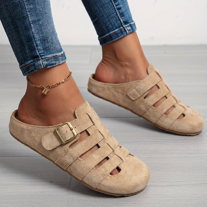 Clara Comfortable Buckle Mule Sandals - Khaki
