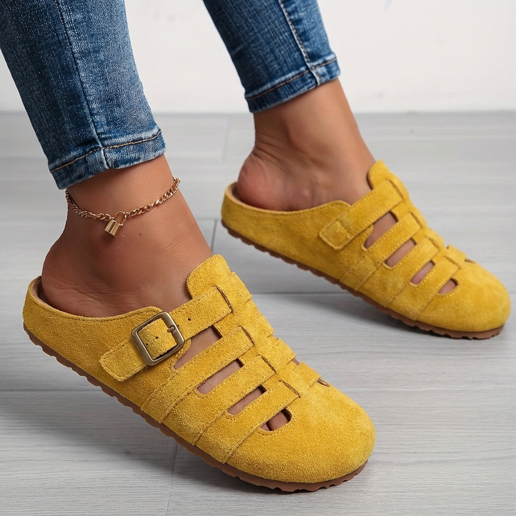 Clara Comfortable Buckle Mule Sandals - Yellow