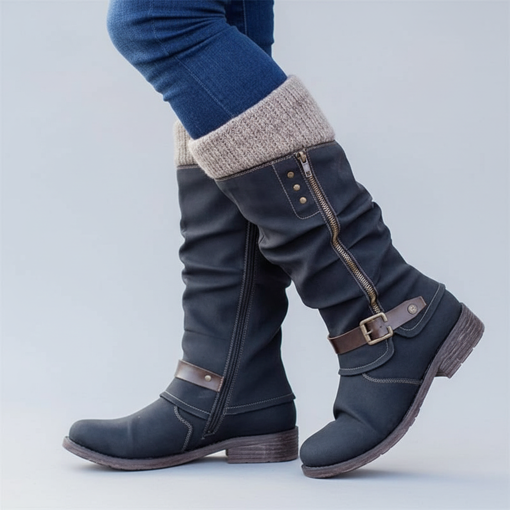 Bonnie Elegant Buckle Boots – Navy