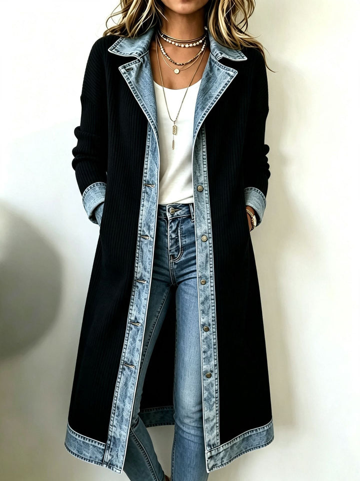 Riley Long-Line Knit Cardigan with Denim Trim