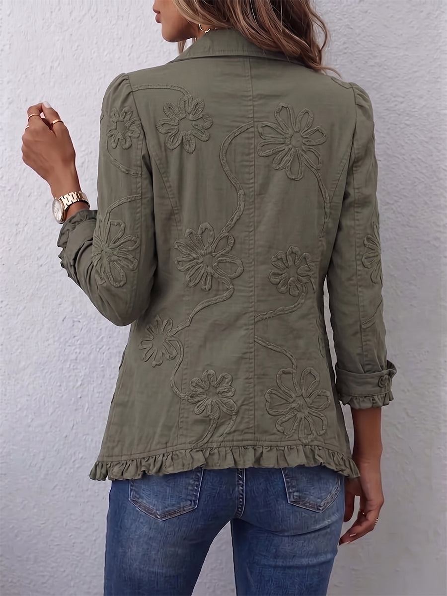 Kim Boho-Chic Floral Embroidered Utility Ruffled Trim Jacket