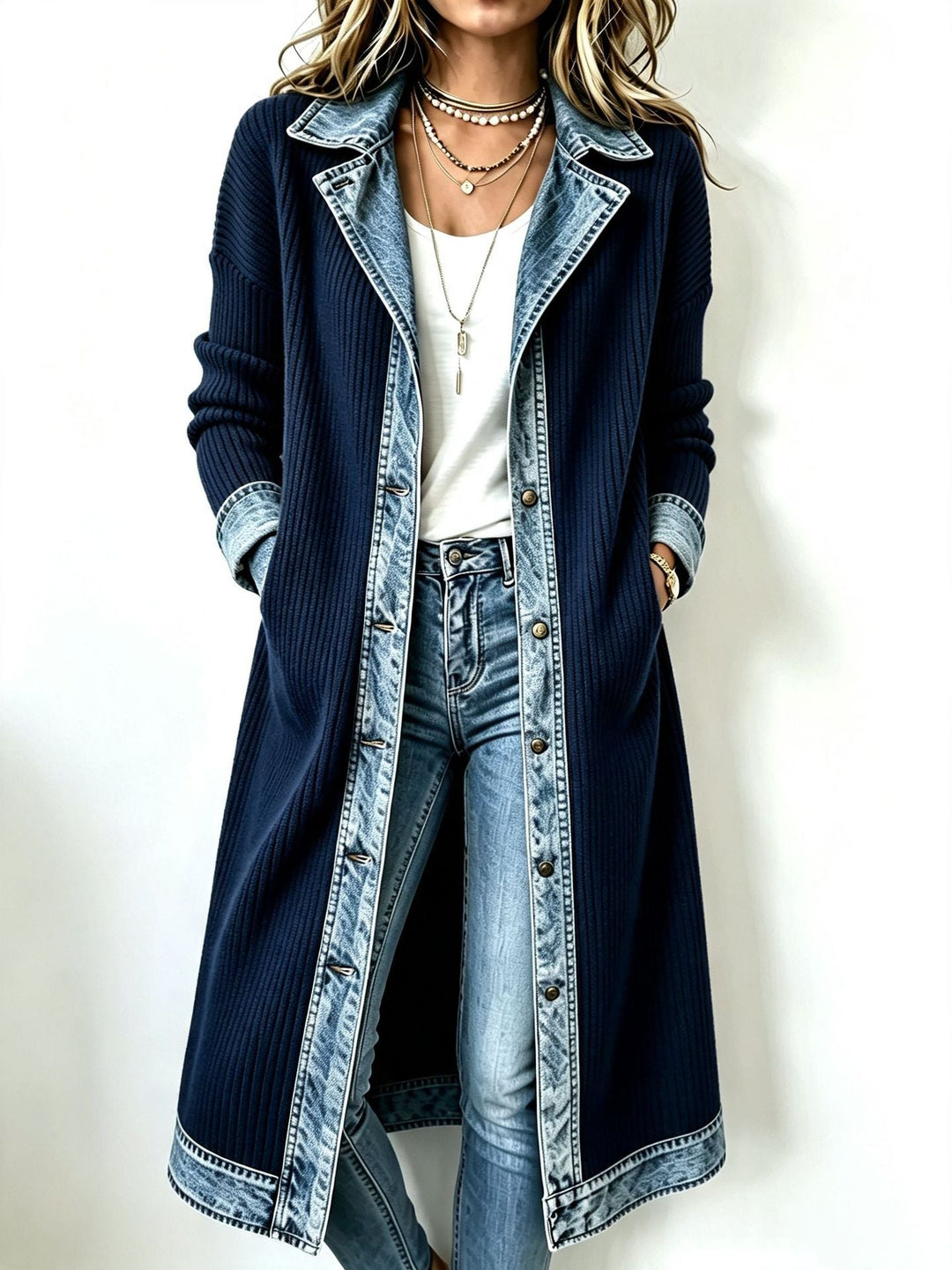Riley Long-Line Knit Cardigan with Denim Trim