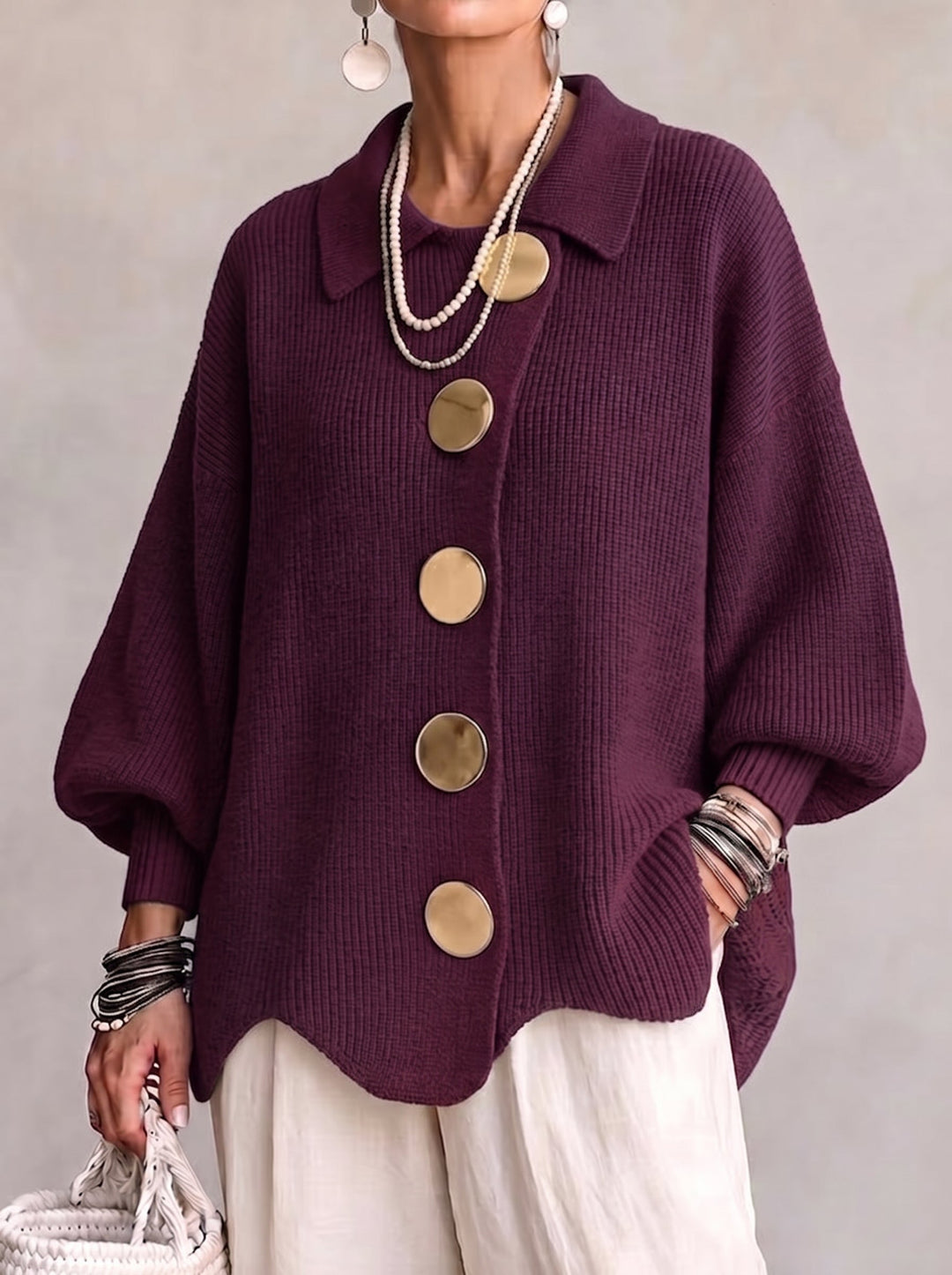 Isadora Oversized Collared Cardigan With Large Metal Buttons