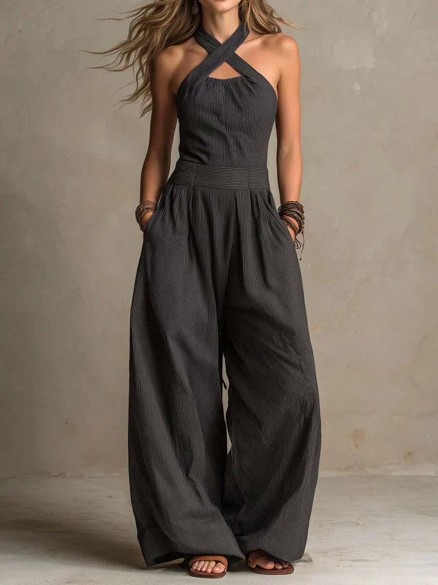 Bianca Elegant Linen-Cotton Jumpsuit with Crossover Neckline