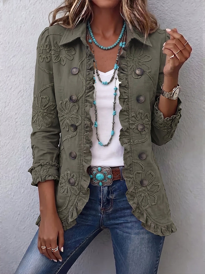 Kim Boho-Chic Floral Embroidered Utility Ruffled Trim Jacket