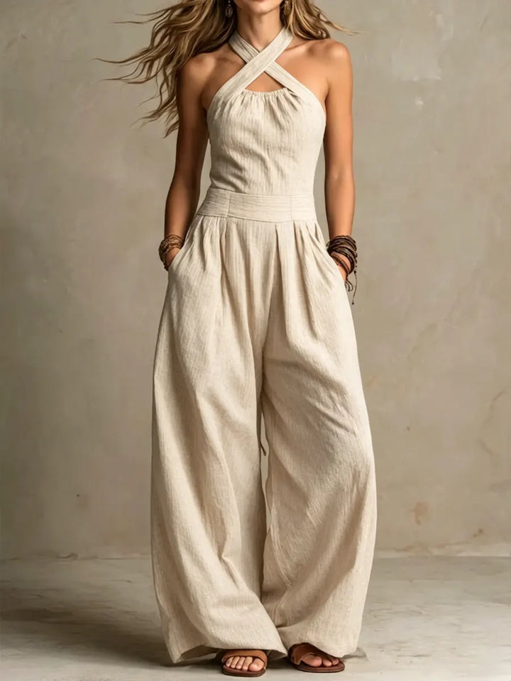 Bianca Elegant Linen-Cotton Jumpsuit with Crossover Neckline