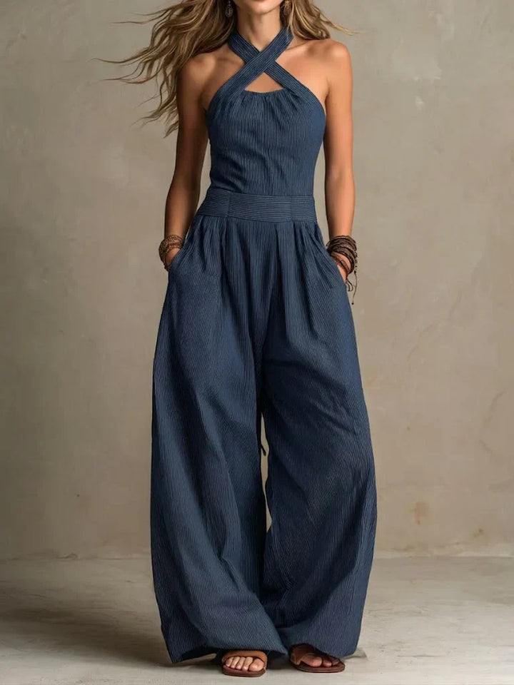 Bianca Elegant Linen-Cotton Jumpsuit with Crossover Neckline