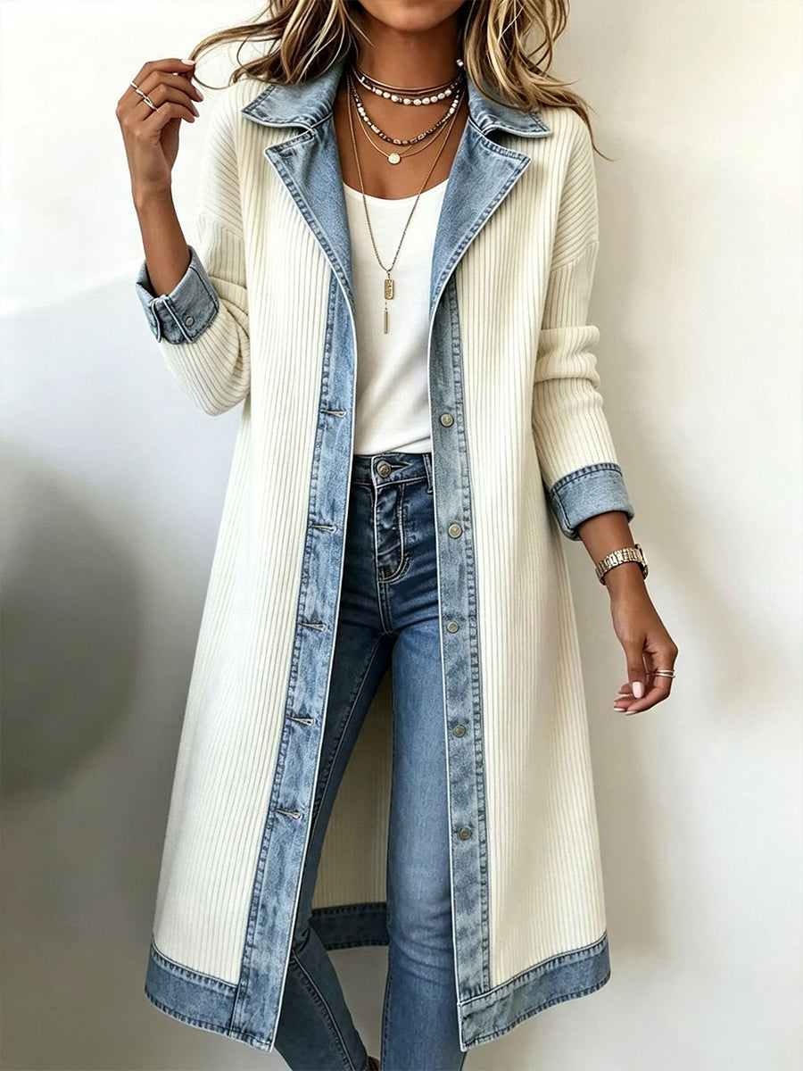Riley Long-Line Knit Cardigan with Denim Trim
