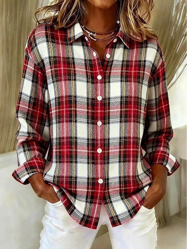 Dulcie Vintage Plaid Button Front Blouse – Red