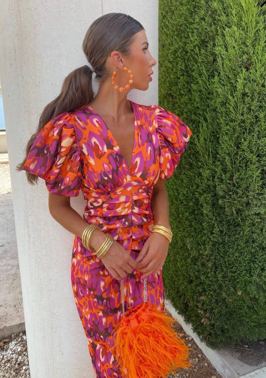 Carla Printed Midi Dress with Puff Sleeves