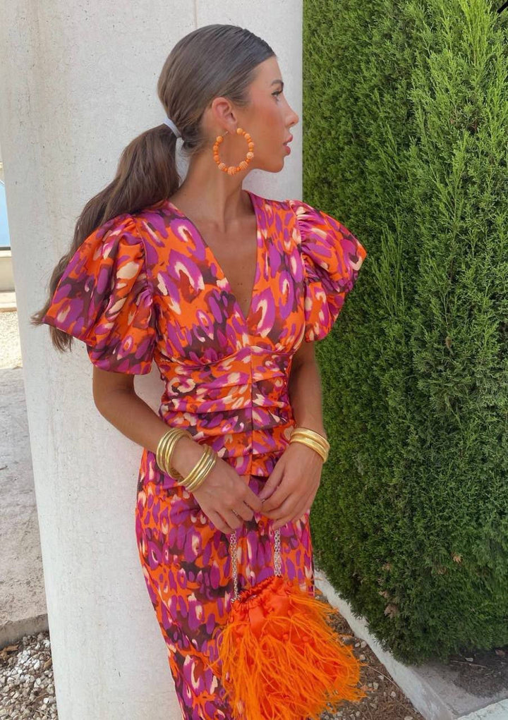 Carla Printed Midi Dress with Puff Sleeves