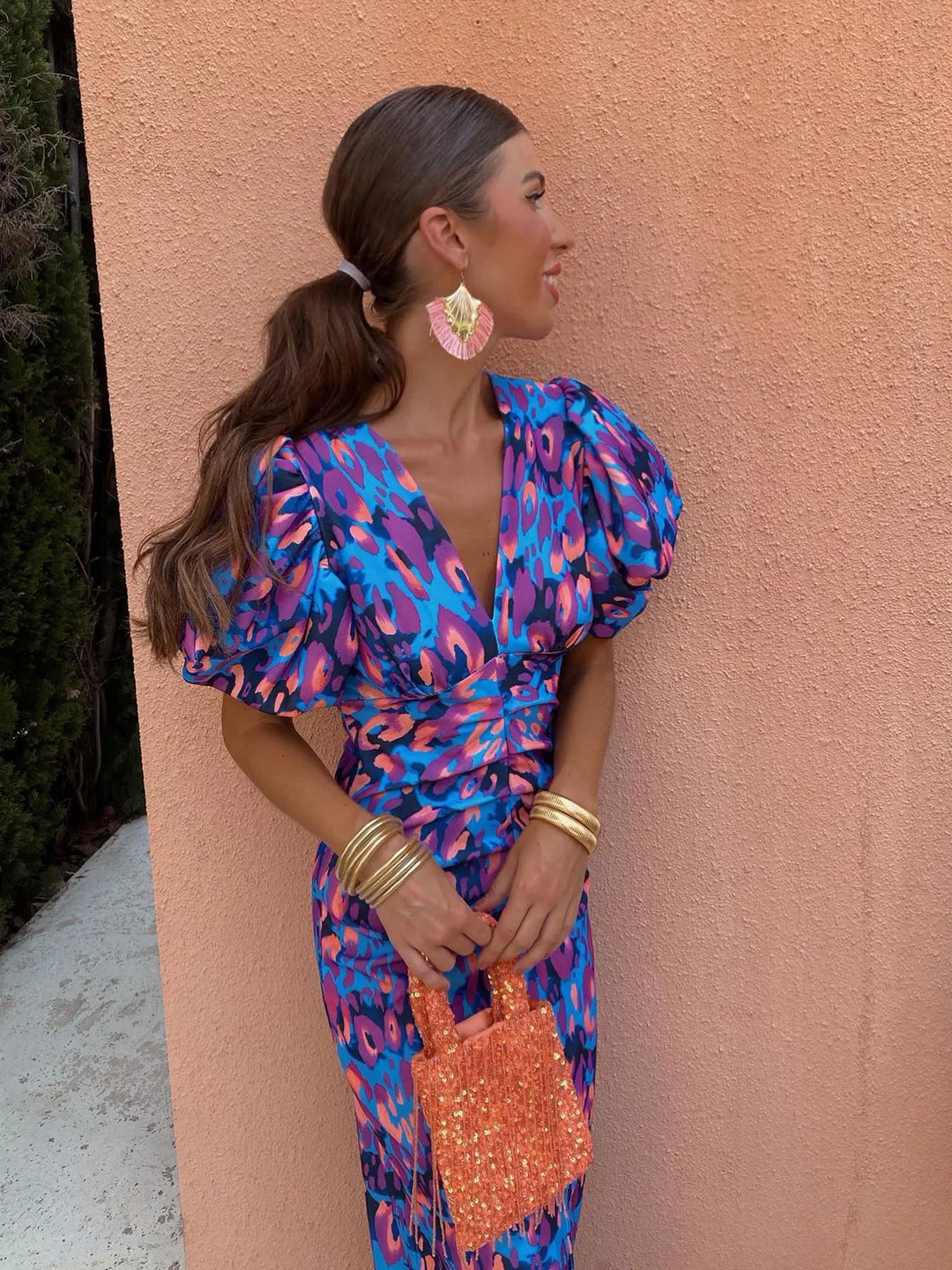 Carla Printed Midi Dress with Puff Sleeves