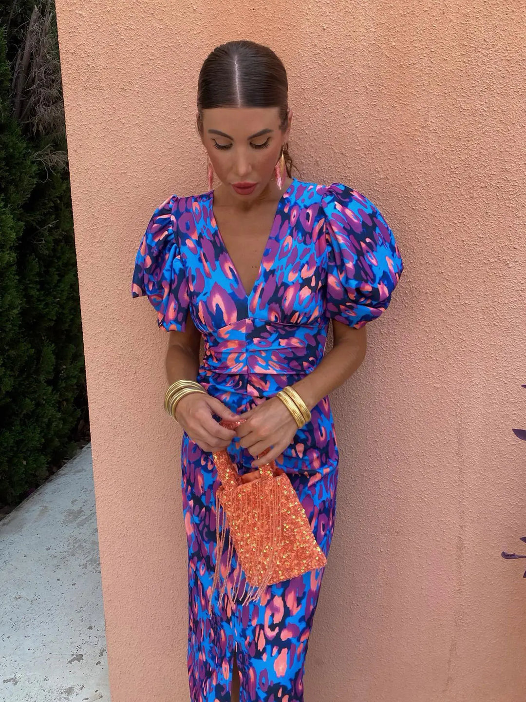 Carla Printed Midi Dress with Puff Sleeves