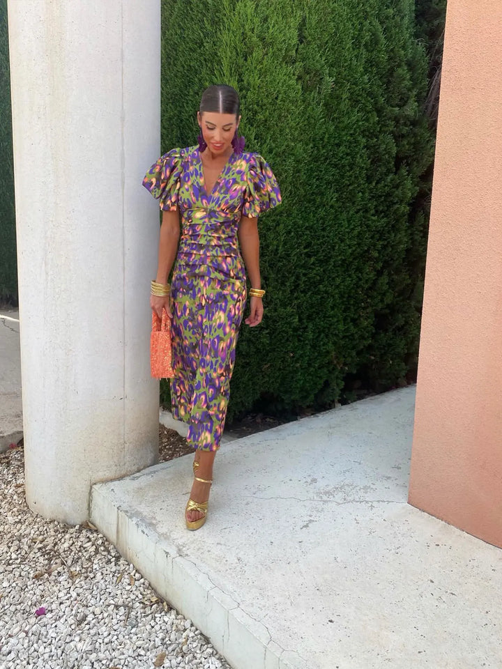 Carla Printed Midi Dress with Puff Sleeves