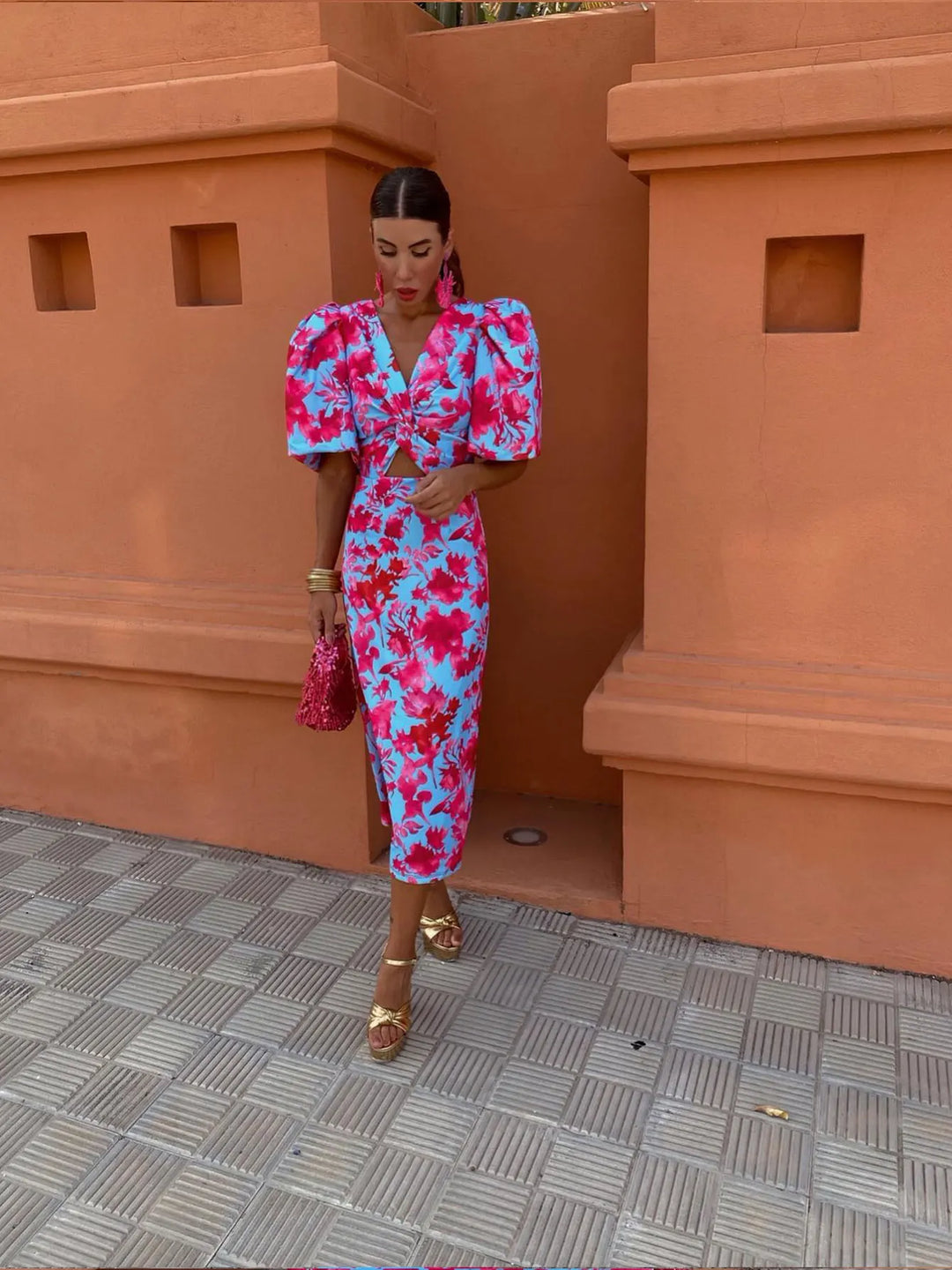Carla Printed Midi Dress with Puff Sleeves