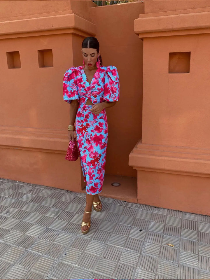 Carla Printed Midi Dress with Puff Sleeves