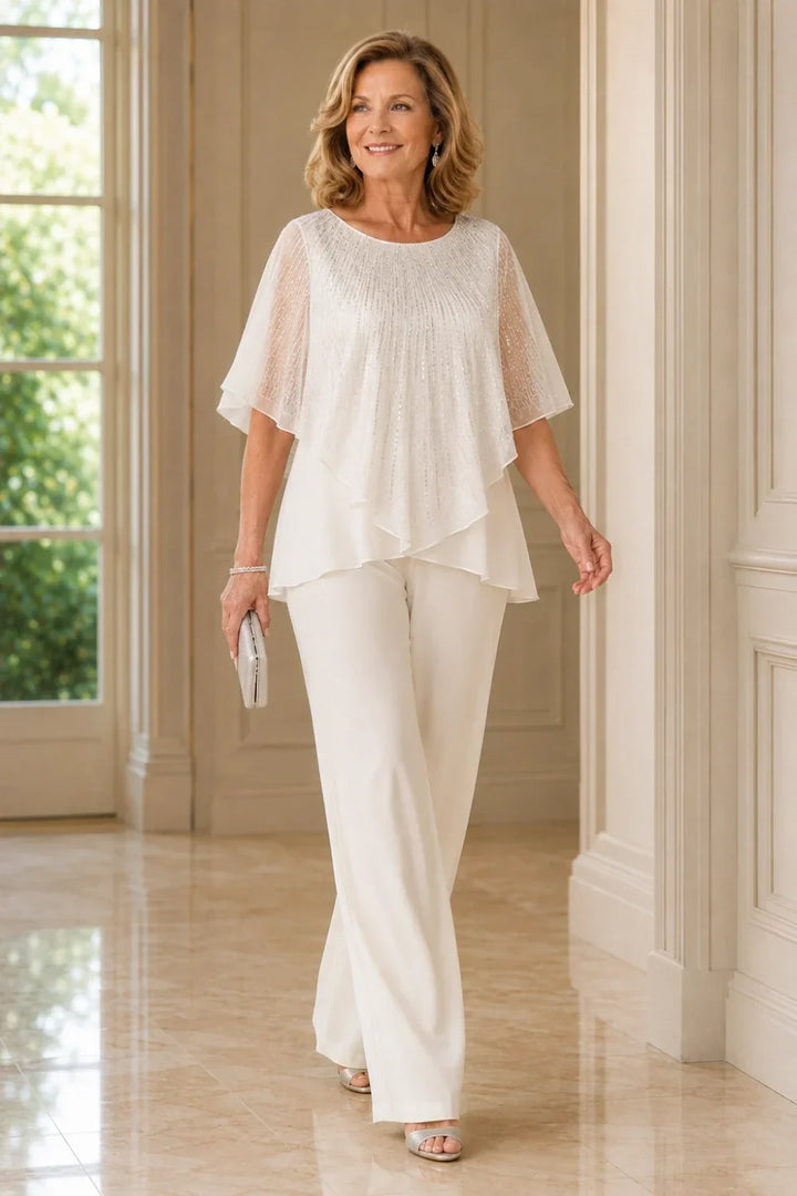 Sequin Capelet Chiffon Pant Suit with Wide-Leg Pants