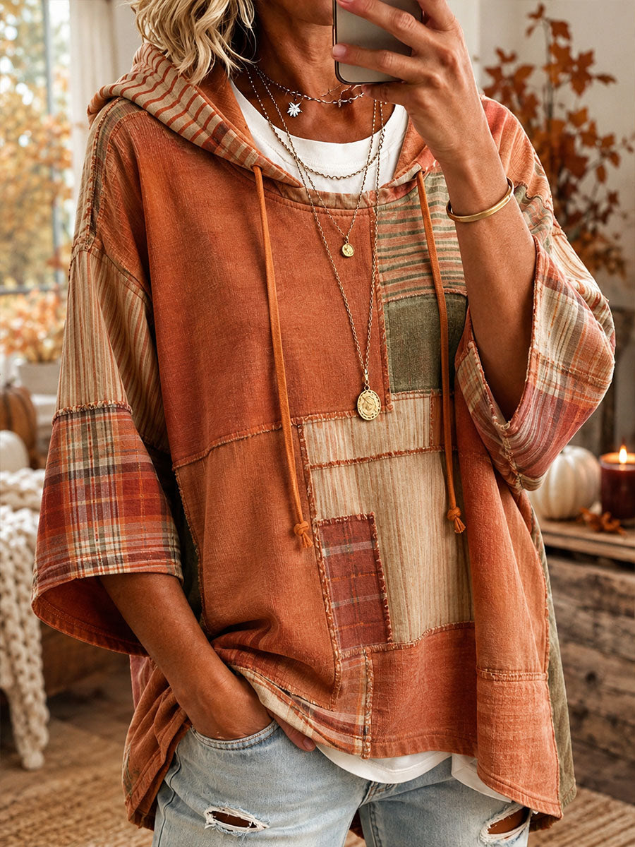 Sorina Autumn-Toned Patchwork Oversized Hoodie