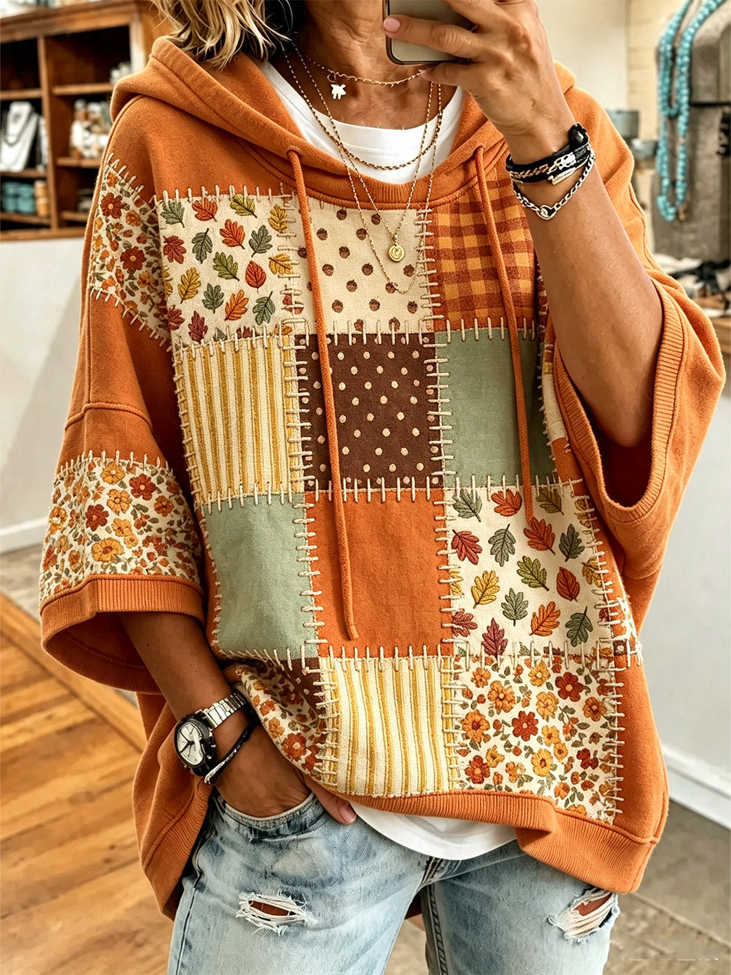 Corina Autumn Leaf Print Oversized Hoodie