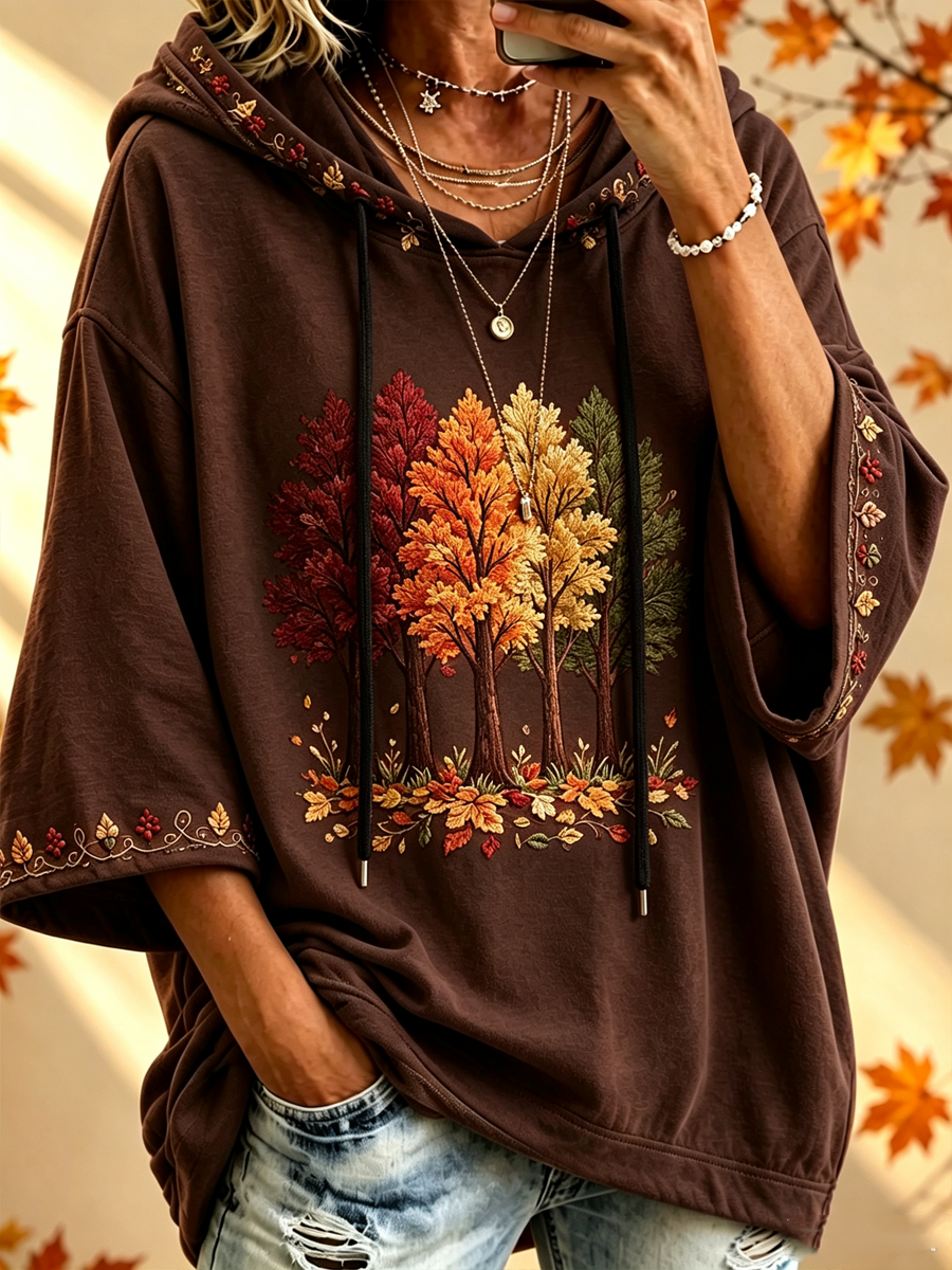 Maria Autumn-Print Oversized Hoodie – Brown