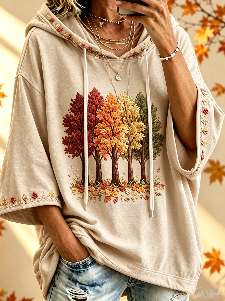 Maria Autumn-Print Oversized Hoodie – Beige
