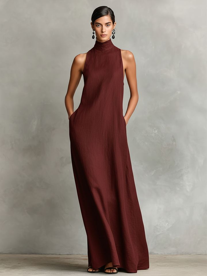 Vesper – Linen-Blend High Neck Maxi Dress