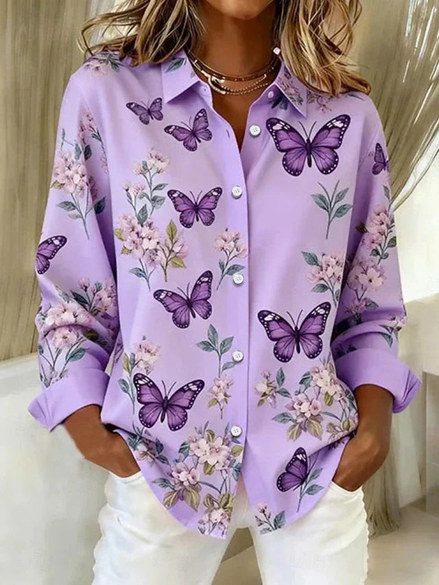 Dahlia Butterfly Print Button Blouse – Purple