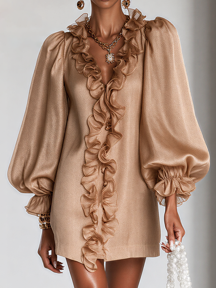 Guinevere | Ruffled Puff-Sleeve Straight-Cut Dress