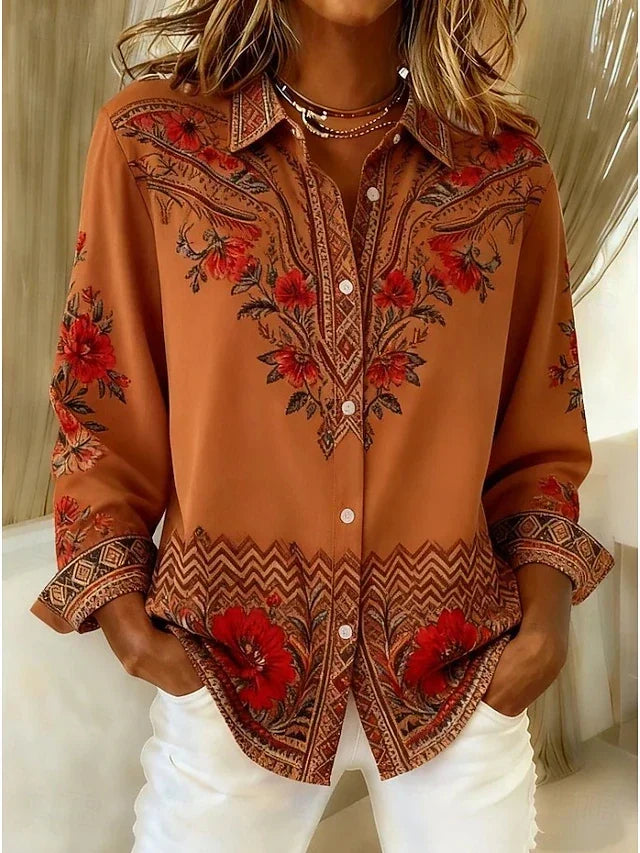 Dawnflora Artistic Floral Long Sleeve Blouse – Terracotta