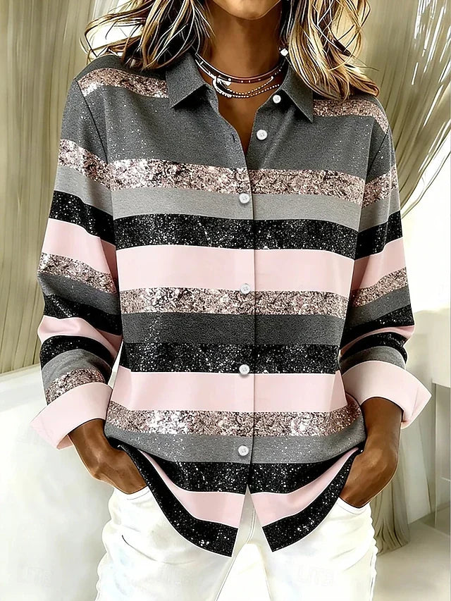 Evancline Casual Horizontal Stripe Button Blouse – Blushing Pink